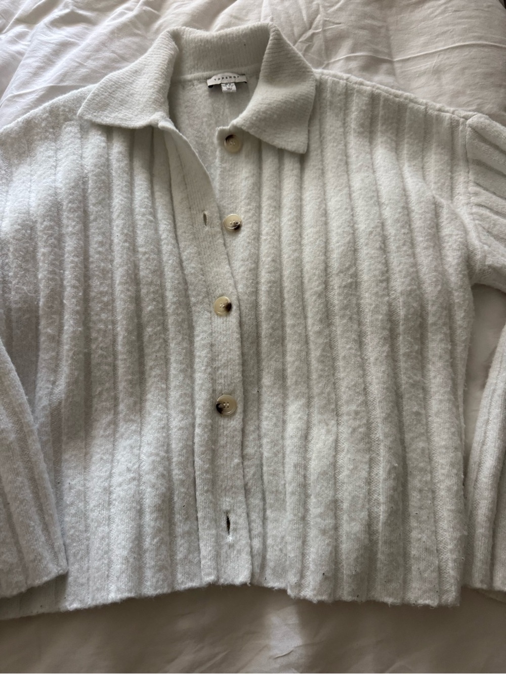 Topshop Ribbed Collared Button-Up Sweater - White - Picture 3 of 4